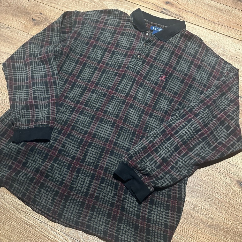 Vintage Izod Grey Plaid Long Sleeve Polo Shirt Mens L